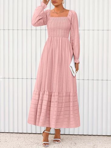 BTFBM Women Maxi Fall Dresses 2025 Long Slight Soid Square Square Neck Smoocked Boho Long Wedding Guest Dress in Saudi Arabia