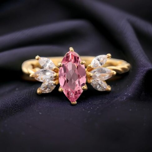 ماركيز جينك مقطع من الياقوت الوردي خاتم آرت ديكو مجوهرات زفاف جليدية صفراء حلقة زفاف مطلية ماركيز مقطع CZ Diamond Cluster Ring هدية لها بواسطة Shubhkrishnajewels in Kuwait