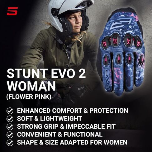 Stunt EVO 2 Motorcycle Gloves for Women - Riding Gloves for Motorcycle, Scooter and More, Flower Pink/Black, XS-XL in Kuwait