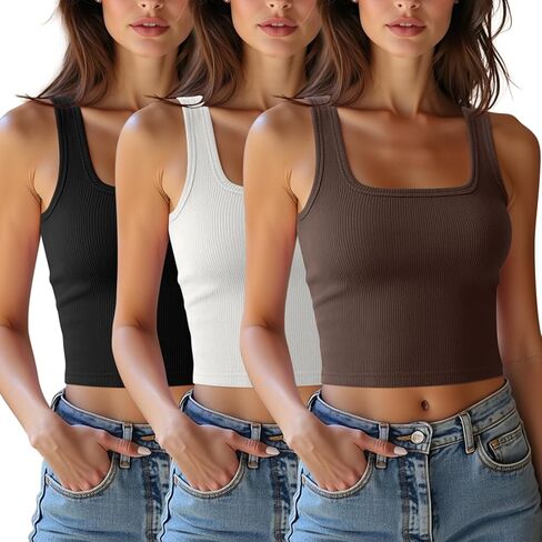 3 Pack Women’s Square Neck Tank Tops Kinnted Ribbed Crop Tops Sleeveless Workout Shirts Summer Clothes in Kuwait
