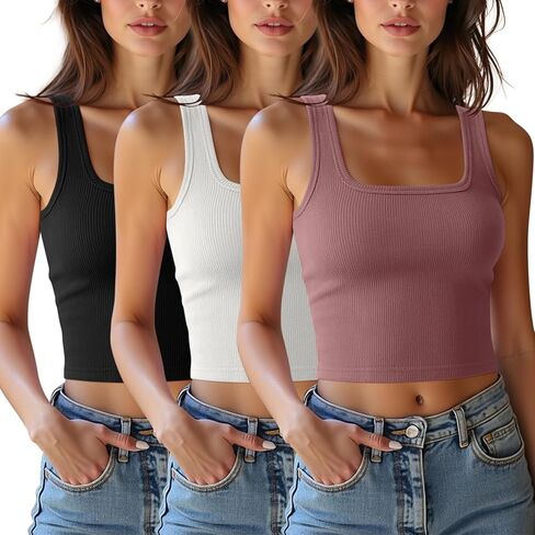 3 Pack Women’s Square Neck Tank Tops Kinnted Ribbed Crop Tops Sleeveless Workout Shirts Summer Clothes in Kuwait