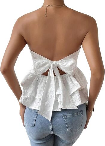 Makemechic Women's Bow Knot Tie Back Bandeau Floral Lace Lace Shirt Peplum Tubs Tops in Saudi Arabia