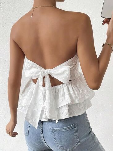 Makemechic Women's Bow Knot Tie Back Bandeau Floral Lace Lace Shirt Peplum Tubs Tops in Saudi Arabia