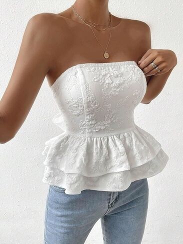 Makemechic Women's Bow Knot Tie Back Bandeau Floral Lace Lace Shirt Peplum Tubs Tops in Saudi Arabia