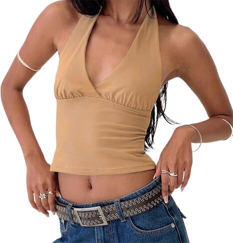 Women Halter Neck Tank Top Sexy Deep V Neck Tie Back Backless Camisole Y2k Slim Fit Sleeveless Crop Top Streetwear in Kuwait