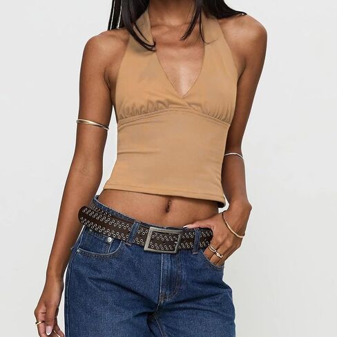 Women Halter Neck Tank Top Sexy Deep V Neck Tie Back Backless Camisole Y2k Slim Fit Sleeveless Crop Top Streetwear in Kuwait