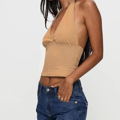 Women Halter Neck Tank Top Sexy Deep V Neck Tie Back Backless Camisole Y2k Slim Fit Sleeveless Crop Top Streetwear in Kuwait