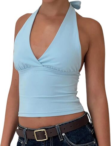 Women Halter Neck Tank Top Sexy Deep V Neck Tie Back Backless Camisole Y2k Slim Fit Sleeveless Crop Top Streetwear in Kuwait