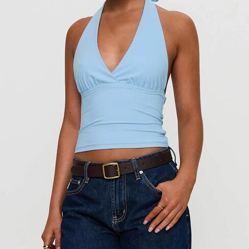Women Halter Neck Tank Top Sexy Deep V Neck Tie Back Backless Camisole Y2k Slim Fit Sleeveless Crop Top Streetwear in Kuwait