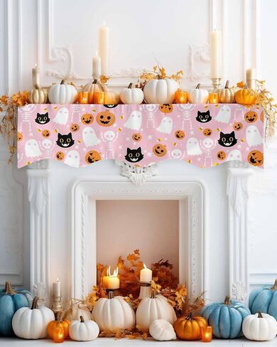 QueenKer Hello Fall Fireplace Mantel Scarf 70" x 17" Thanksgiving Orange Pumpkin Mantel Cover Runner Maple Leaves Mantel Shelf Top Scarf Runner for Holiday Living Room Home Decoration in Kuwait