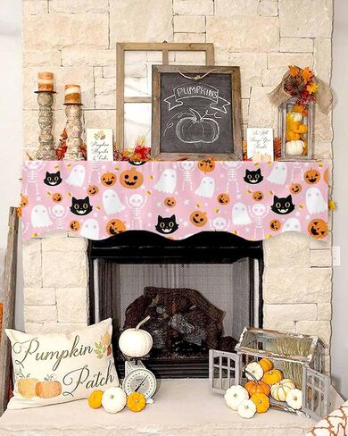 QueenKer Hello Fall Fireplace Mantel Scarf 70" x 17" Thanksgiving Orange Pumpkin Mantel Cover Runner Maple Leaves Mantel Shelf Top Scarf Runner for Holiday Living Room Home Decoration in Kuwait