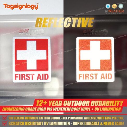 [عاكس] الإسعافات الأولية للأشعة فوق البنفسجية ملصقات الفينيل المقاومة للطقس (6 أجهزة كمبيوتر) (2.50 × 2.00 بوصة) درجة عالية من مهندس الرؤية [ضمان مقاوم للبلاغ لمدة 12 عامًا] علامة سلامة مربع الطبية in Kuwait