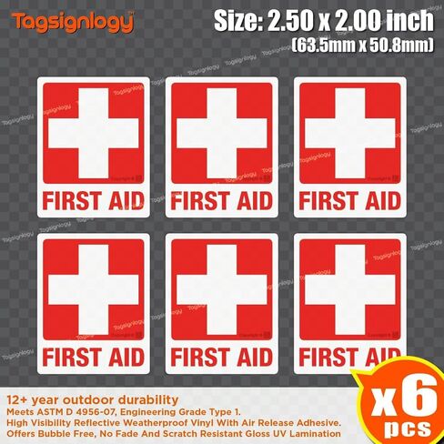[عاكس] الإسعافات الأولية للأشعة فوق البنفسجية ملصقات الفينيل المقاومة للطقس (6 أجهزة كمبيوتر) (2.50 × 2.00 بوصة) درجة عالية من مهندس الرؤية [ضمان مقاوم للبلاغ لمدة 12 عامًا] علامة سلامة مربع الطبية in Kuwait