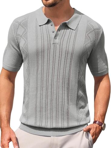 Runcati Mens Knit Polo Shirts Short Sleeve Slim Fit Casual Golf Shirts Hollow Out Cotton Summer Textured Tops in Saudi Arabia