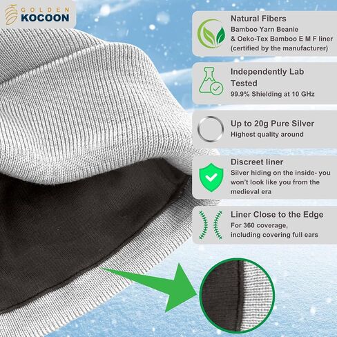 Golden Kocoon® -E-M-F Bamboo Viscose Beanie with EcoShield™ Tech Bamboo Lyocell Faraday Fabric Silver Liner-Adult Size in Black -5 g, Cell Towers,Bluetooth,Smart Meters & WiFi- Golden Cocoon Hat Cap in Saudi Arabia