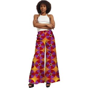 iooiooi Women's Fashion Casual Plus Size African Print Cotton Wide Leg Pants with Pockets in Kuwait