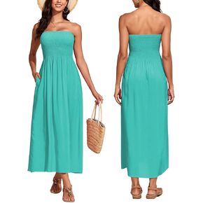 Capuffy Women's Strapless Boho Beach Dress Sleeveless Tube 2025 Summer A Line Sundress with Pockets Flowy Swing Maxi Dress 33 in Kuwait