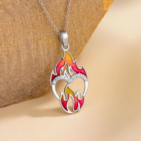 Diamond Fire Flame Necklace for Women 925 Sterling Silver Red Fire Pendant Jewelry Gifts for Mom Wife Girlfriend in Saudi Arabia