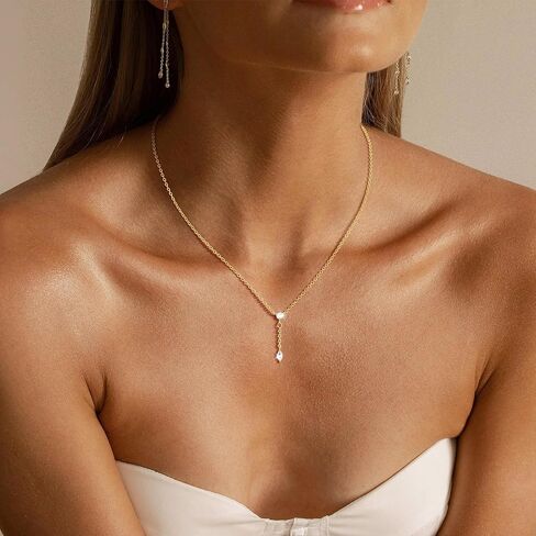Gold/Silver Necklaces for Women,14K Real Gold/Sterling Silver Plated CZ Necklace Dainty Small Pearl Pendant Necklace Trendy Jewelry Gifts for Women in Kuwait