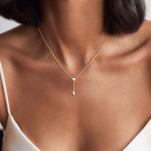 Gold/Silver Necklaces for Women,14K Real Gold/Sterling Silver Plated CZ Necklace Dainty Small Pearl Pendant Necklace Trendy Jewelry Gifts for Women in Kuwait