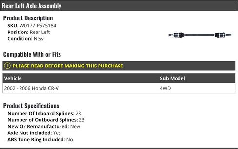 Rear Left Driver Side Axle Assembly - Compatible with 2002-2006 Honda CRV 4WD in Saudi Arabia