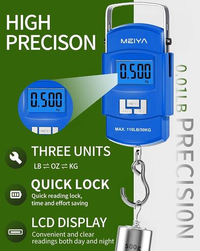 مقياس الأسماك Meiya 110 رطل/50 كجم مع شاشة LCD الإضاءة الخلفية ، مقبض محمول ، خطاف من الفولاذ المقاوم للصدأ وبطاريات AAA - معدات صيد موثوقة وهدايا صيد رائعة للرجال in Kuwait