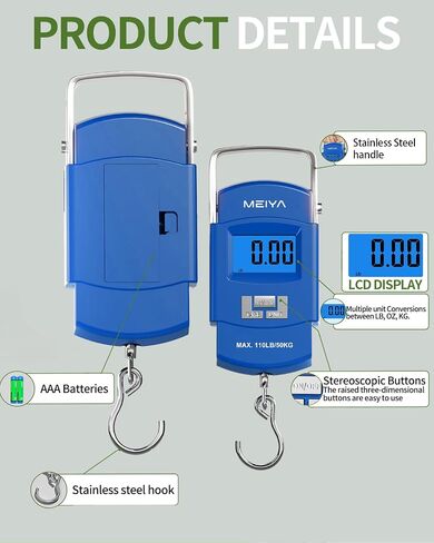 مقياس الأسماك Meiya 110 رطل/50 كجم مع شاشة LCD الإضاءة الخلفية ، مقبض محمول ، خطاف من الفولاذ المقاوم للصدأ وبطاريات AAA - معدات صيد موثوقة وهدايا صيد رائعة للرجال in Kuwait