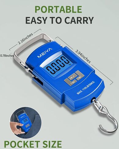 مقياس الأسماك Meiya 110 رطل/50 كجم مع شاشة LCD الإضاءة الخلفية ، مقبض محمول ، خطاف من الفولاذ المقاوم للصدأ وبطاريات AAA - معدات صيد موثوقة وهدايا صيد رائعة للرجال in Kuwait