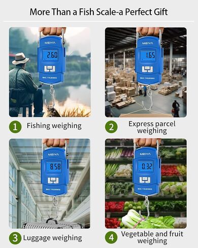 مقياس الأسماك Meiya 110 رطل/50 كجم مع شاشة LCD الإضاءة الخلفية ، مقبض محمول ، خطاف من الفولاذ المقاوم للصدأ وبطاريات AAA - معدات صيد موثوقة وهدايا صيد رائعة للرجال in Kuwait