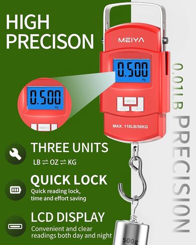 مقياس الأسماك Meiya 110 رطل/50 كجم مع شاشة LCD الإضاءة الخلفية ، مقبض محمول ، خطاف من الفولاذ المقاوم للصدأ وبطاريات AAA - معدات صيد موثوقة وهدايا صيد رائعة للرجال in Kuwait