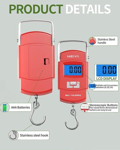 مقياس الأسماك Meiya 110 رطل/50 كجم مع شاشة LCD الإضاءة الخلفية ، مقبض محمول ، خطاف من الفولاذ المقاوم للصدأ وبطاريات AAA - معدات صيد موثوقة وهدايا صيد رائعة للرجال in Kuwait