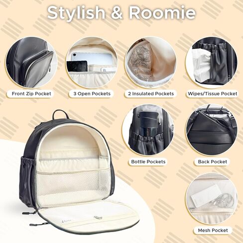 حقيبة ظهر للحفاضات، حقيبة حفاضات صغيرة مع وسادة تغيير الحفاضات، حقائب ظهر للأطفال للأم، حقائب حمل صغيرة للسفر مع جيوب معزولة، أشرطة عربة الأطفال، خفيفة الوزن، أسود in Kuwait