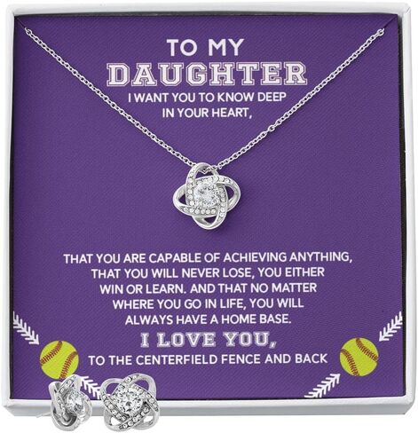 Personalized Softball Athletes Necklace For Daughters from Father Mother, Best Jewelry Birthday Gift, Beautiful Pendant to Women, Silver Heart Necklace, Daughter Gifts From Mom, Love Necklaces From Mum (Love Knot with Earrings, Standard Box) in Saudi Arabia