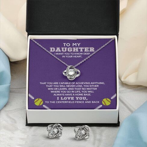 Personalized Softball Athletes Necklace For Daughters from Father Mother, Best Jewelry Birthday Gift, Beautiful Pendant to Women, Silver Heart Necklace, Daughter Gifts From Mom, Love Necklaces From Mum (Love Knot with Earrings, Standard Box) in Saudi Arabia