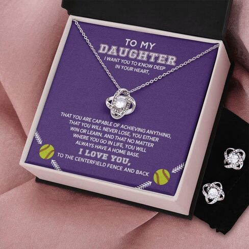 Personalized Softball Athletes Necklace For Daughters from Father Mother, Best Jewelry Birthday Gift, Beautiful Pendant to Women, Silver Heart Necklace, Daughter Gifts From Mom, Love Necklaces From Mum (Love Knot with Earrings, Standard Box) in Saudi Arabia