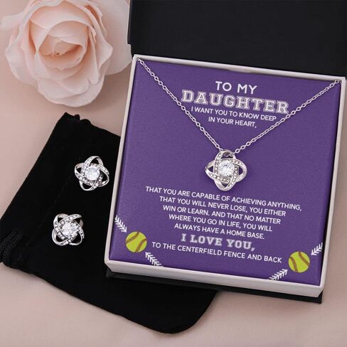 Personalized Softball Athletes Necklace For Daughters from Father Mother, Best Jewelry Birthday Gift, Beautiful Pendant to Women, Silver Heart Necklace, Daughter Gifts From Mom, Love Necklaces From Mum (Love Knot with Earrings, Standard Box) in Saudi Arabia