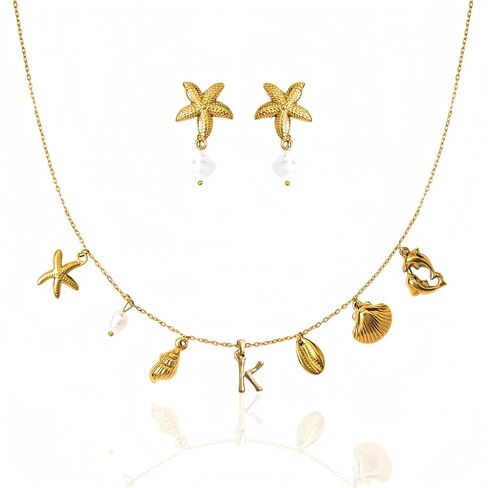 Pearl Gold Pendant Jewelry Bubble Letter Charm gold pendant Necklace Gold Initial Sea Shell Necklaces for Women Starfish Pearl Earrings for Women Trendy Beach Boho 18K Gold Plating Jewelry set A-Z Letter Gold Chain surf in Saudi Arabia