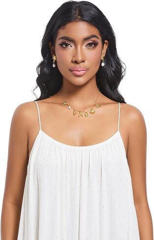 Pearl Gold Pendant Jewelry Bubble Letter Charm gold pendant Necklace Gold Initial Sea Shell Necklaces for Women Starfish Pearl Earrings for Women Trendy Beach Boho 18K Gold Plating Jewelry set A-Z Letter Gold Chain surf in Saudi Arabia