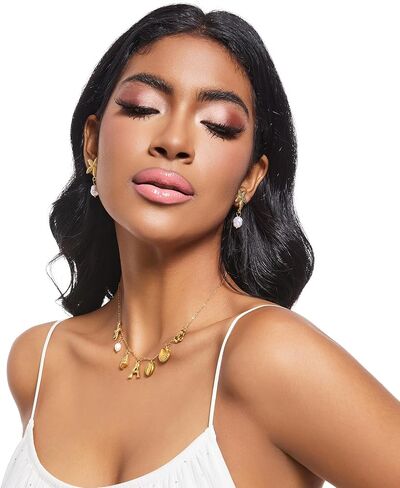 Pearl Gold Pendant Jewelry Bubble Letter Charm gold pendant Necklace Gold Initial Sea Shell Necklaces for Women Starfish Pearl Earrings for Women Trendy Beach Boho 18K Gold Plating Jewelry set A-Z Letter Gold Chain surf in Saudi Arabia