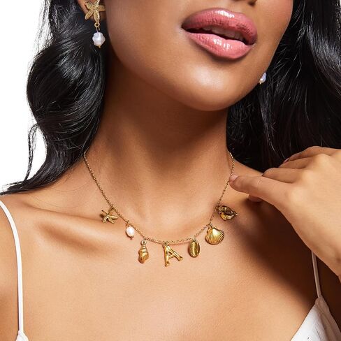Pearl Gold Pendant Jewelry Bubble Letter Charm gold pendant Necklace Gold Initial Sea Shell Necklaces for Women Starfish Pearl Earrings for Women Trendy Beach Boho 18K Gold Plating Jewelry set A-Z Letter Gold Chain surf in Saudi Arabia