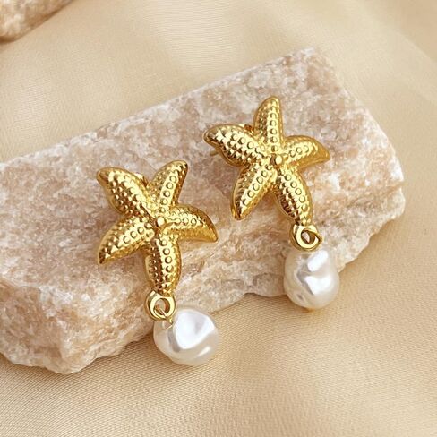 Pearl Gold Pendant Jewelry Bubble Letter Charm gold pendant Necklace Gold Initial Sea Shell Necklaces for Women Starfish Pearl Earrings for Women Trendy Beach Boho 18K Gold Plating Jewelry set A-Z Letter Gold Chain surf in Saudi Arabia