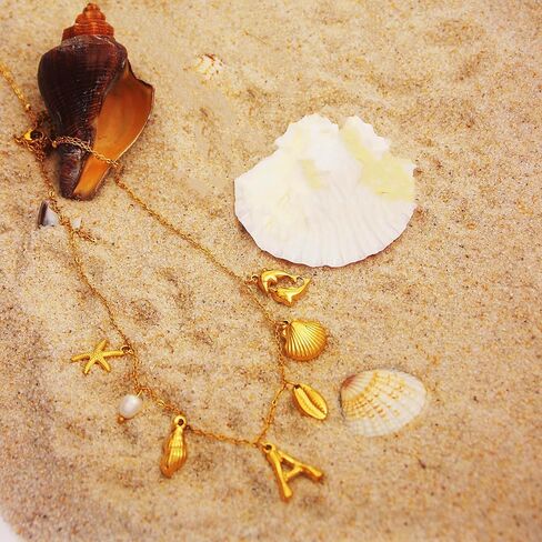 Pearl Gold Pendant Jewelry Bubble Letter Charm gold pendant Necklace Gold Initial Sea Shell Necklaces for Women Starfish Pearl Earrings for Women Trendy Beach Boho 18K Gold Plating Jewelry set A-Z Letter Gold Chain surf in Saudi Arabia