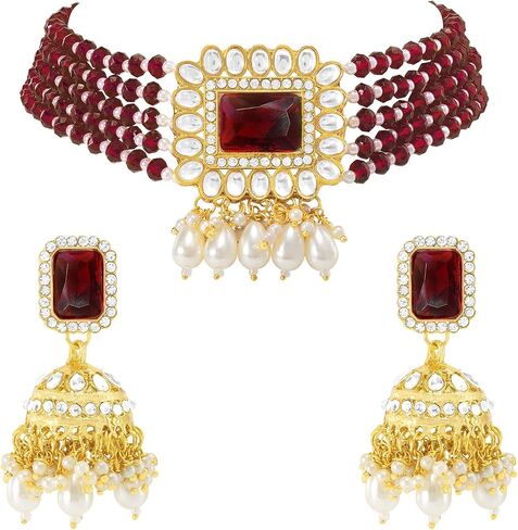 Aheli Traditional Faux Kundan Beaded Maang Tikka Earrings Set Bollywood Ethnic Fashion Jewelry Gift for Women in Saudi Arabia