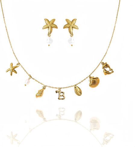 Pearl Gold Pendant Jewelry Bubble Letter Charm gold pendant Necklace Gold Initial Sea Shell Necklaces for Women Starfish Pearl Earrings for Women Trendy Beach Boho 18K Gold Plating Jewelry set A-Z Letter Gold Chain surf in Saudi Arabia