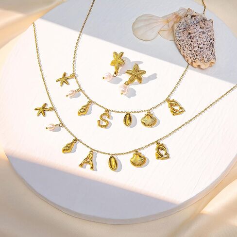 Pearl Gold Pendant Jewelry Bubble Letter Charm gold pendant Necklace Gold Initial Sea Shell Necklaces for Women Starfish Pearl Earrings for Women Trendy Beach Boho 18K Gold Plating Jewelry set A-Z Letter Gold Chain surf in Saudi Arabia