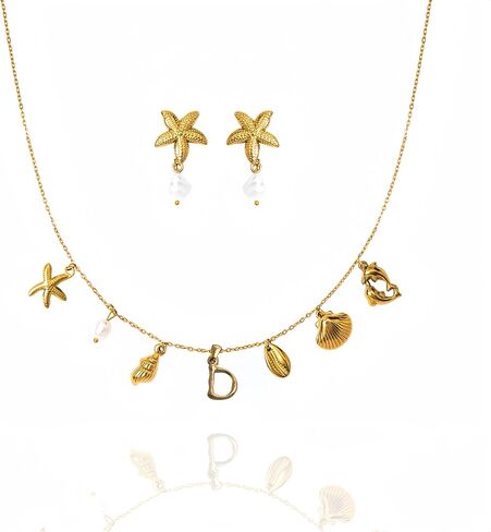Pearl Gold Pendant Jewelry Bubble Letter Charm gold pendant Necklace Gold Initial Sea Shell Necklaces for Women Starfish Pearl Earrings for Women Trendy Beach Boho 18K Gold Plating Jewelry set A-Z Letter Gold Chain surf in Saudi Arabia