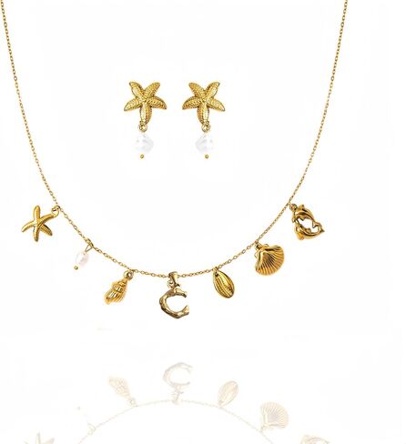 Pearl Gold Pendant Jewelry Bubble Letter Charm gold pendant Necklace Gold Initial Sea Shell Necklaces for Women Starfish Pearl Earrings for Women Trendy Beach Boho 18K Gold Plating Jewelry set A-Z Letter Gold Chain surf in Saudi Arabia