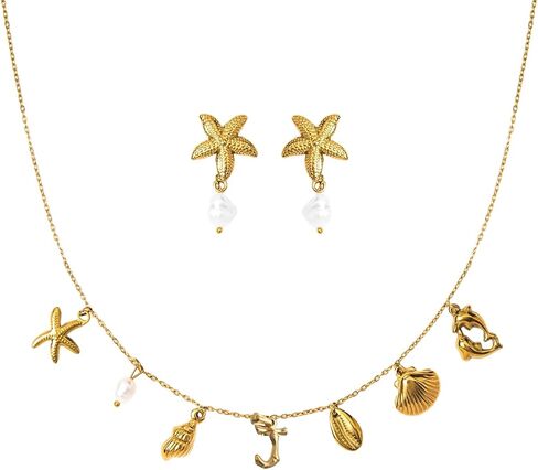 Pearl Gold Pendant Jewelry Bubble Letter Charm gold pendant Necklace Gold Initial Sea Shell Necklaces for Women Starfish Pearl Earrings for Women Trendy Beach Boho 18K Gold Plating Jewelry set A-Z Letter Gold Chain surf in Saudi Arabia