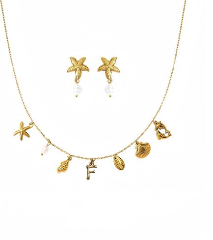 Pearl Gold Pendant Jewelry Bubble Letter Charm gold pendant Necklace Gold Initial Sea Shell Necklaces for Women Starfish Pearl Earrings for Women Trendy Beach Boho 18K Gold Plating Jewelry set A-Z Letter Gold Chain surf in Saudi Arabia