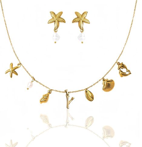 Pearl Gold Pendant Jewelry Bubble Letter Charm gold pendant Necklace Gold Initial Sea Shell Necklaces for Women Starfish Pearl Earrings for Women Trendy Beach Boho 18K Gold Plating Jewelry set A-Z Letter Gold Chain surf in Saudi Arabia